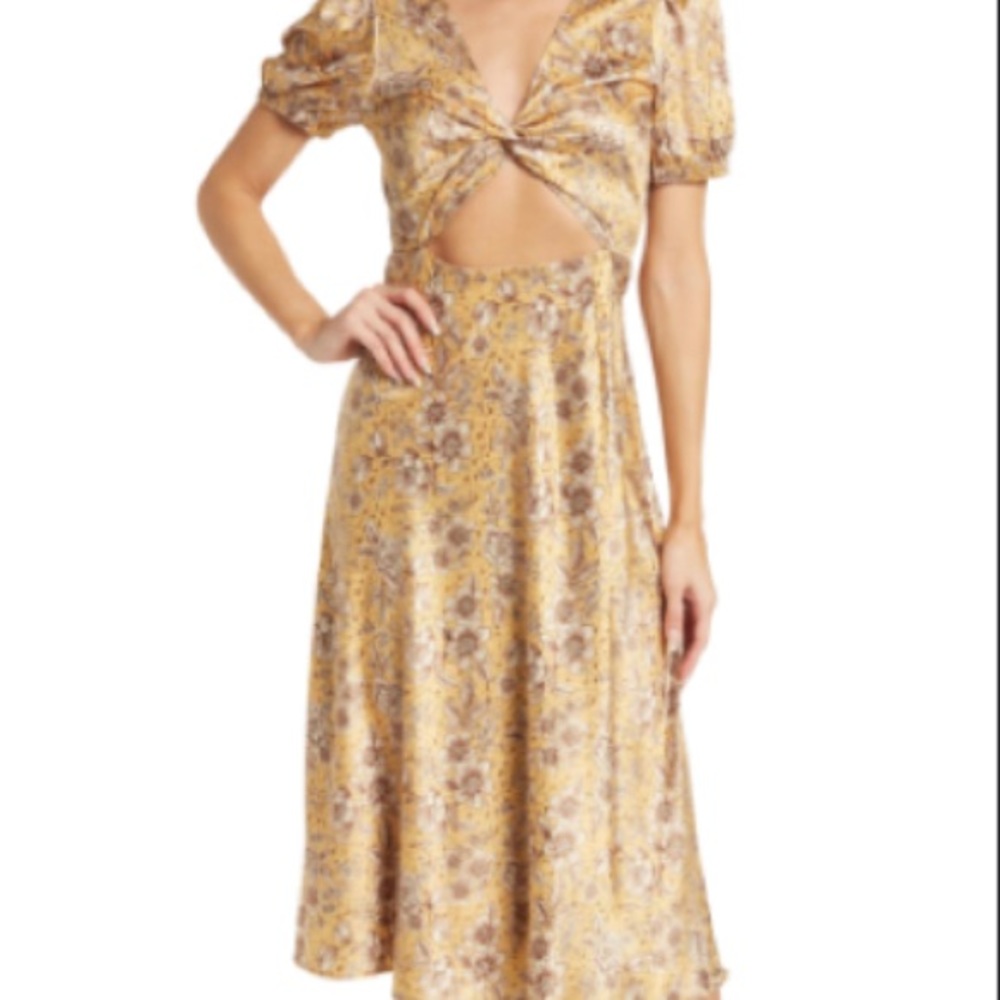 NSR Front Twist Keyhole Midi Dress Yellow Multi Size S
